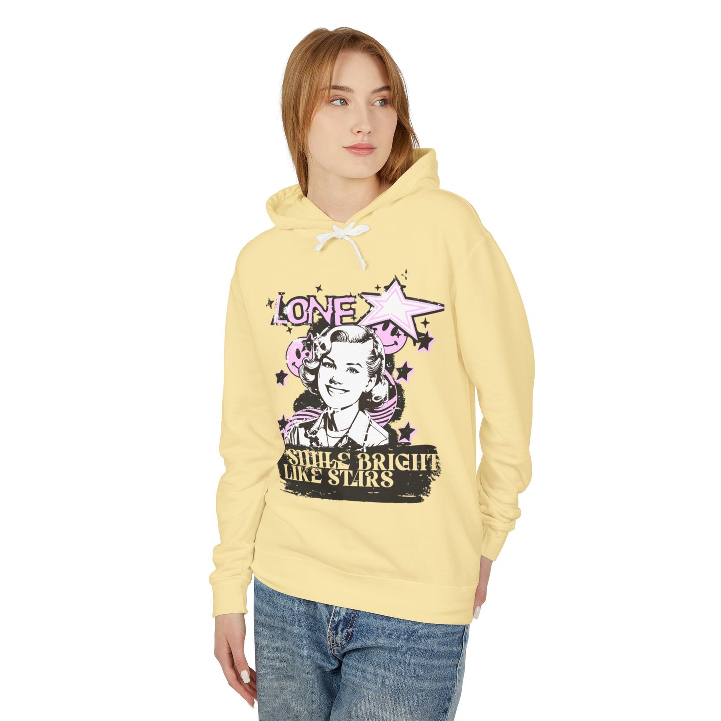 Unisex Lightweight Hooded Sweatshirt - 'Smile Bright Like Stars' Vintage Design